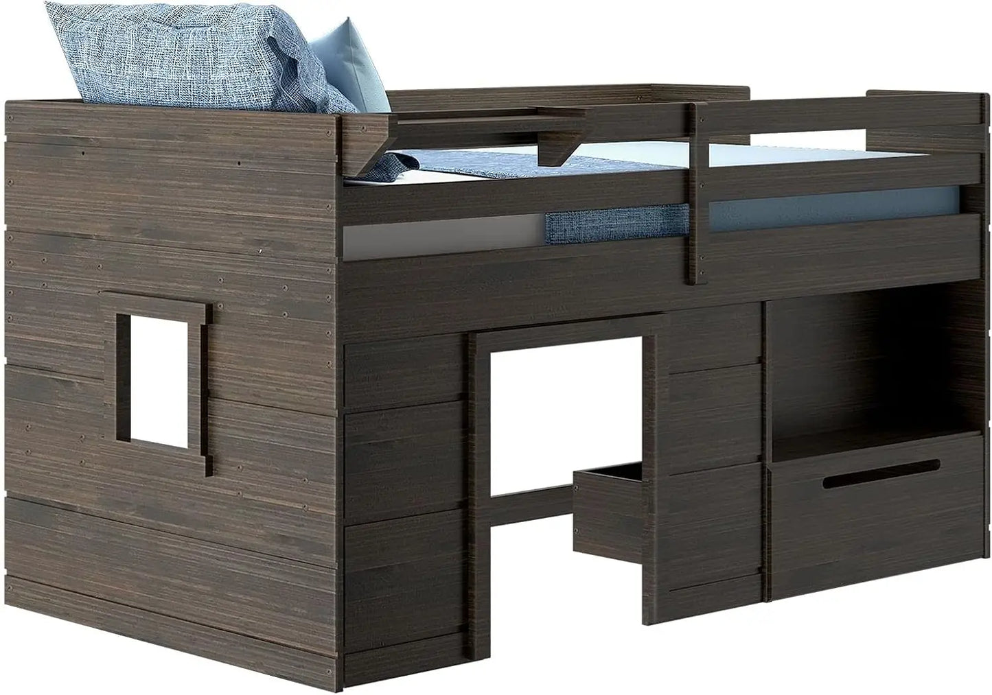 Solid Wood Low Loft Bed with Storage Drawer and Ladder