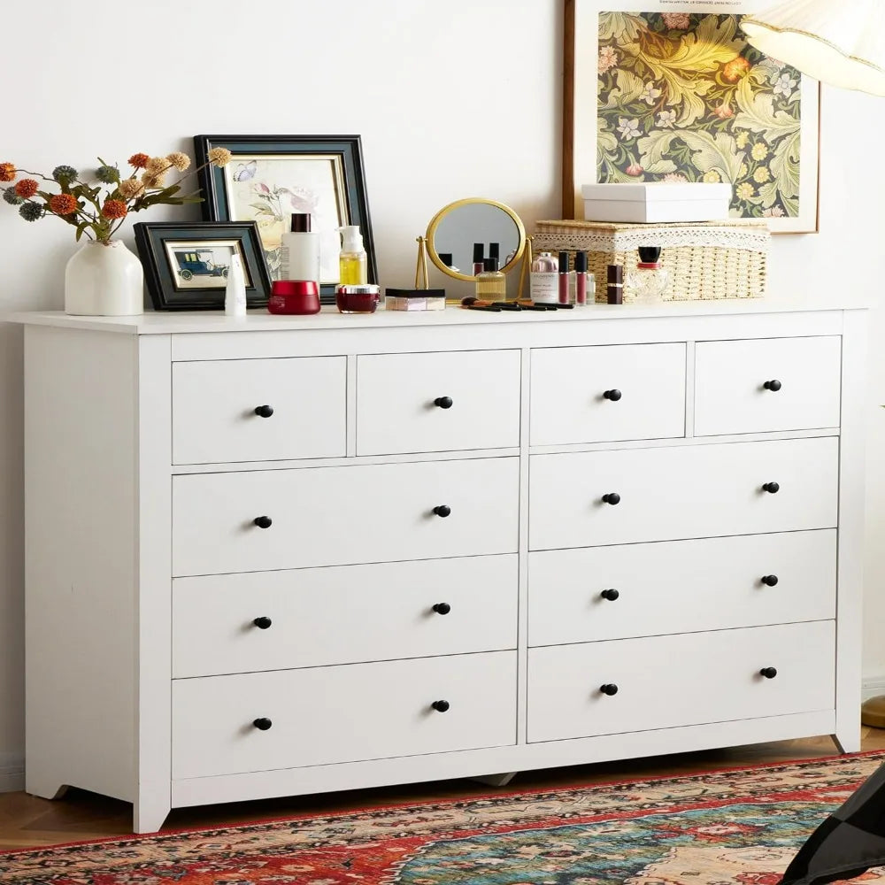 Wood Dresser with Smooth Metal Rail, White,