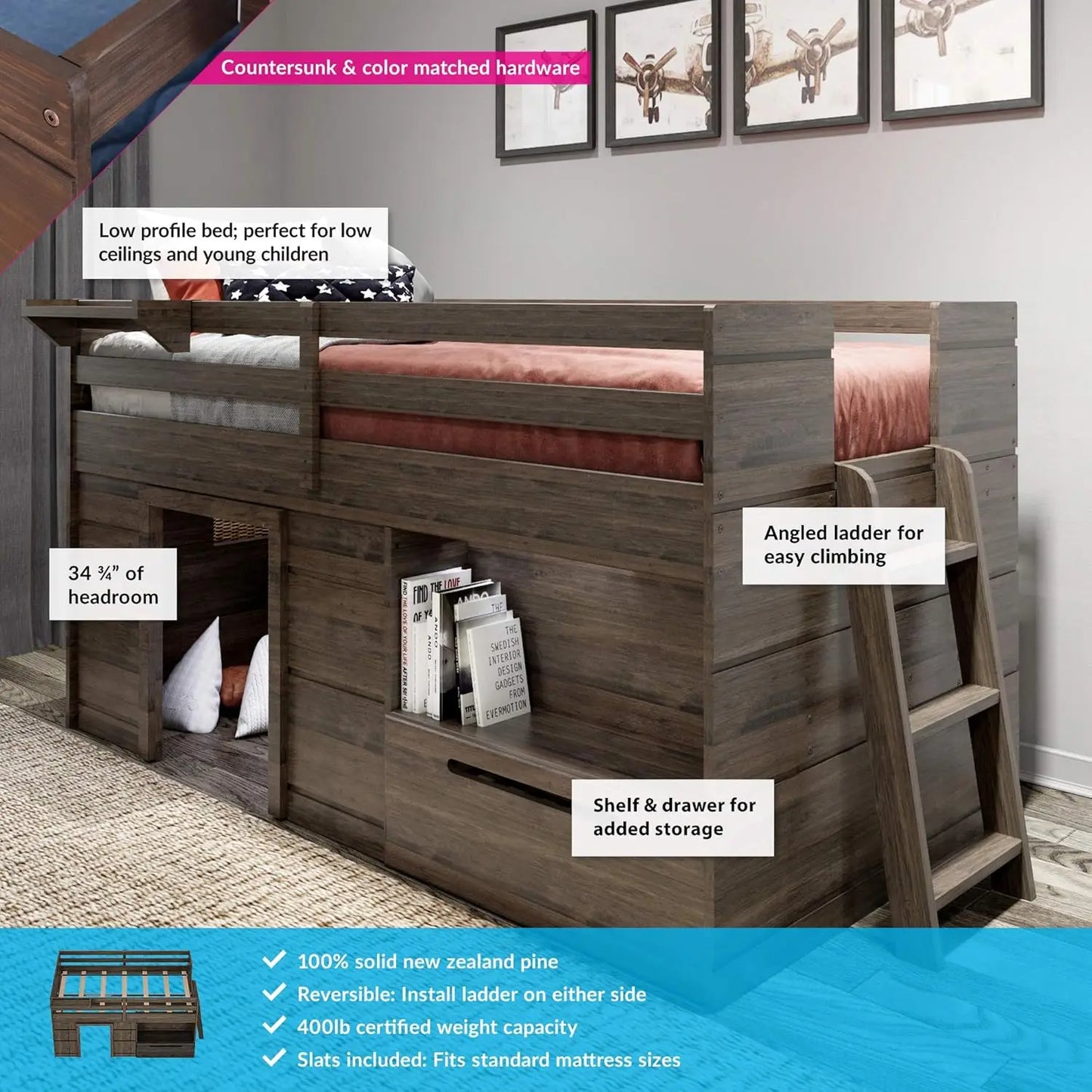 Solid Wood Low Loft Bed with Storage Drawer and Ladder