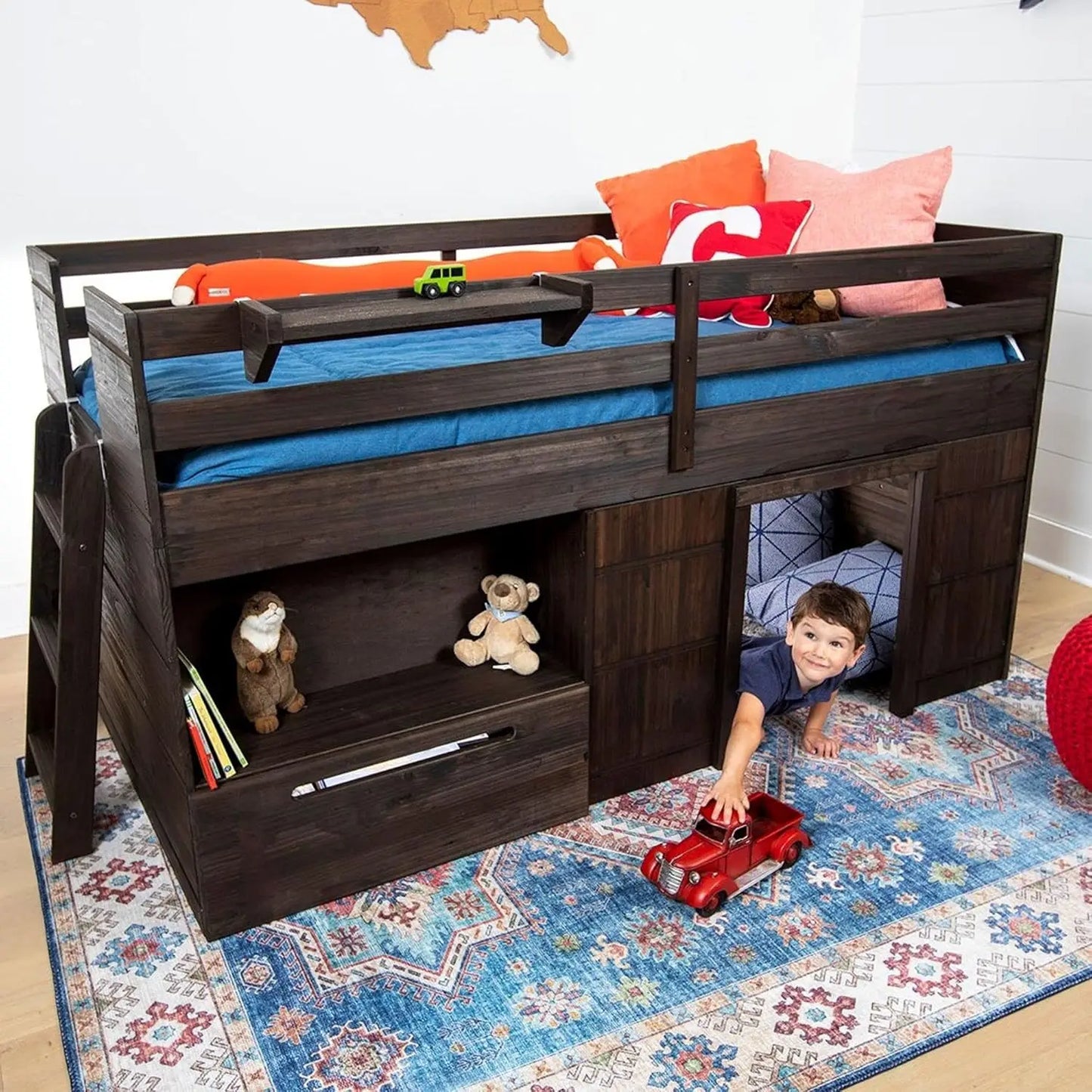 Solid Wood Low Loft Bed with Storage Drawer and Ladder