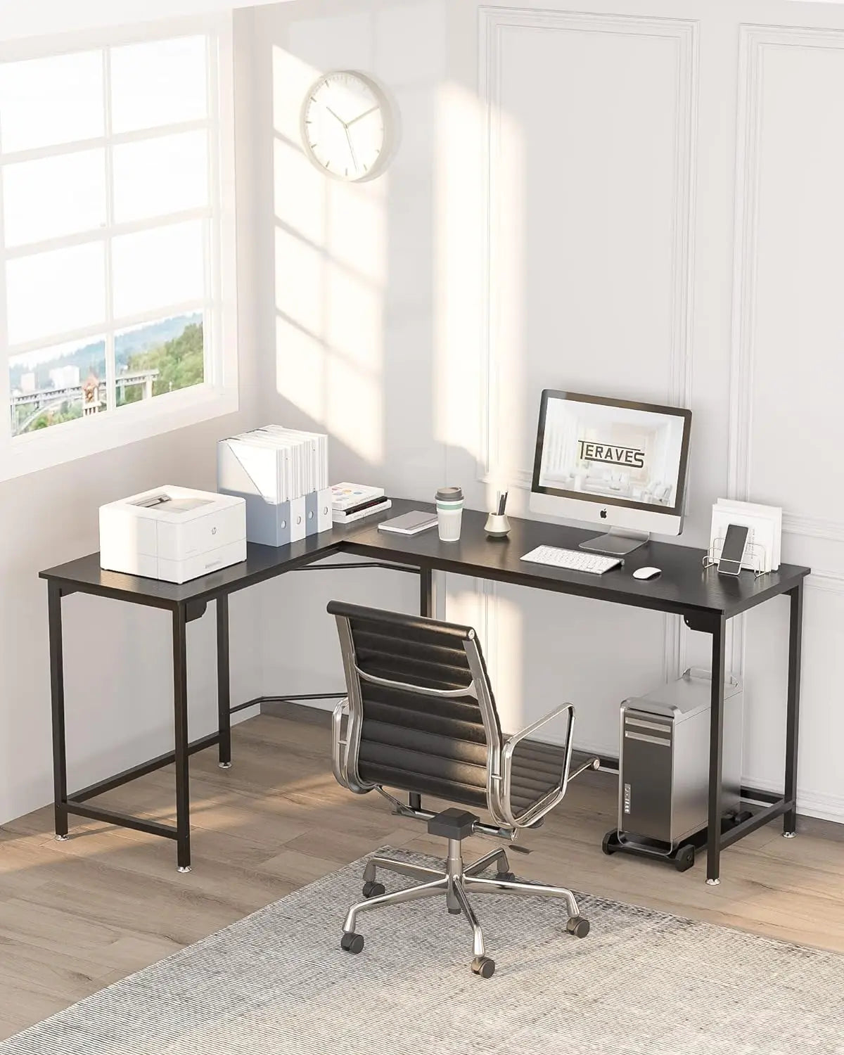 Modern L-Shaped Desk 58/66'' Corner Computer Desk, Black